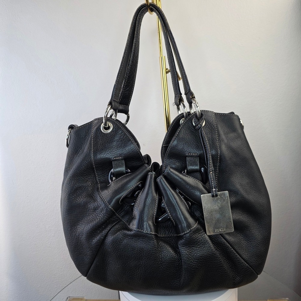 Furla 2way Pleated Black Pebbled Leather Hobo Shoulder Bag Made in Italy Ruffle